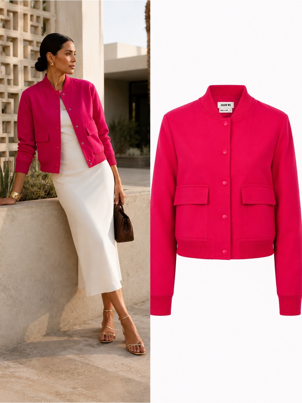 Jason Wu Hot Pink Cropped Bomber Jacket Snap Front Size Small Designer NWOT